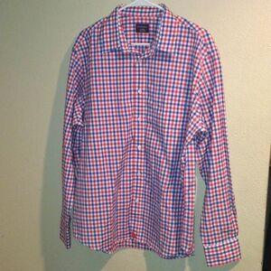 Red White and Blue Plaid 100% Cotton Untuckit Button up Shirt Men's XL